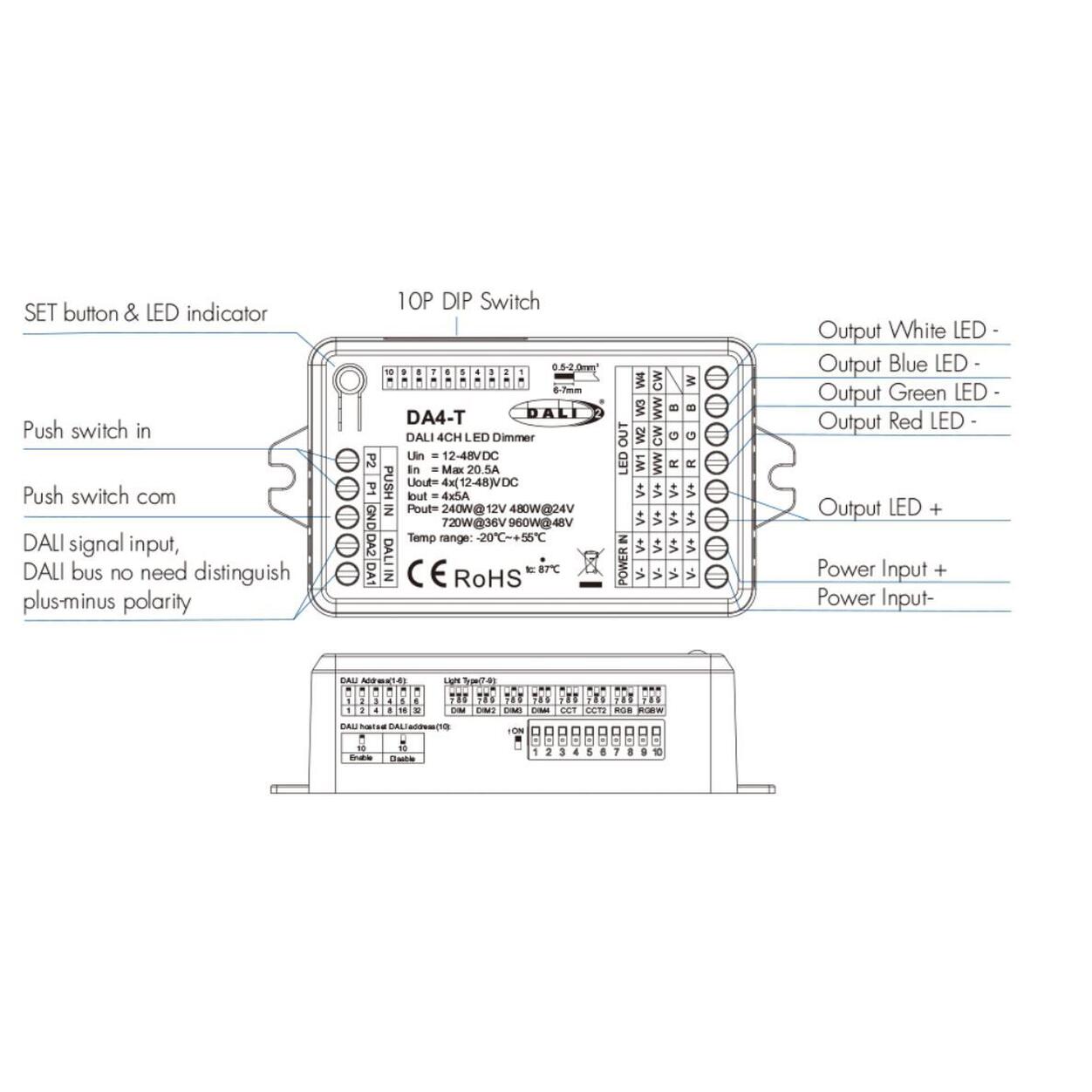 4CH*5A 12-48V CV DALI LED Dimmer (DT6/DT8）